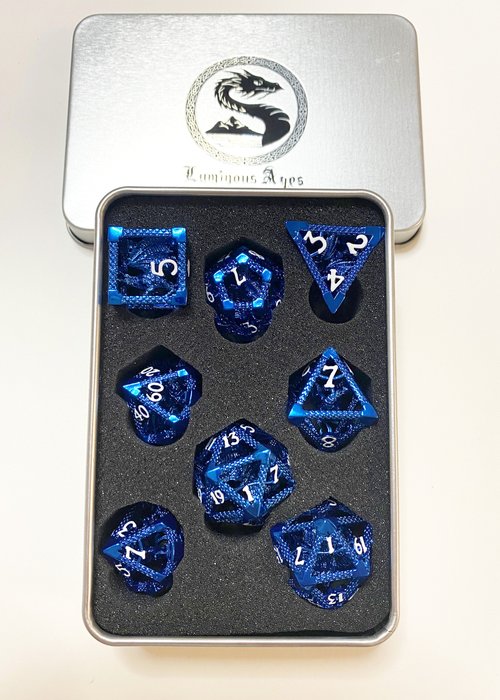 Dice: Luminous Ages Hollow Caged Metal Dragon Dice - Blue with White Numbers